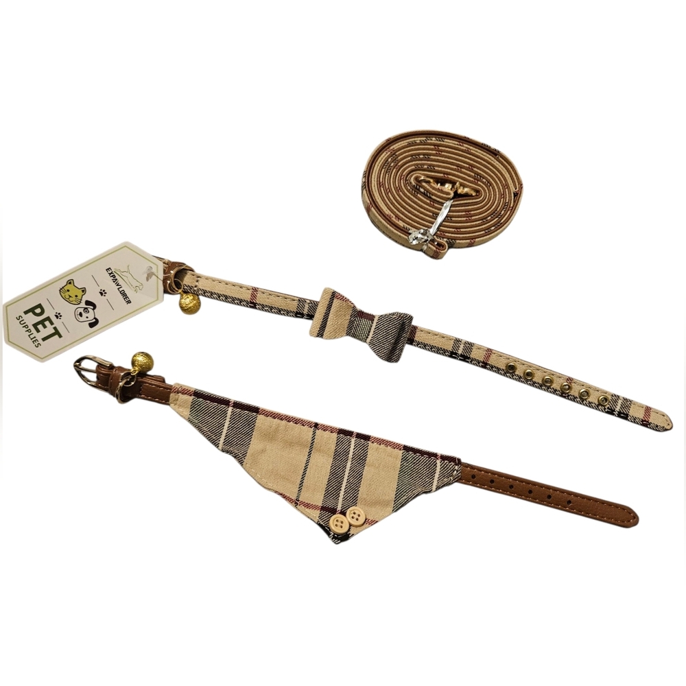 ExPAWLorer Pet Collar & Leash Set – Plaid Bow Tie & Bandana Design, Size Small